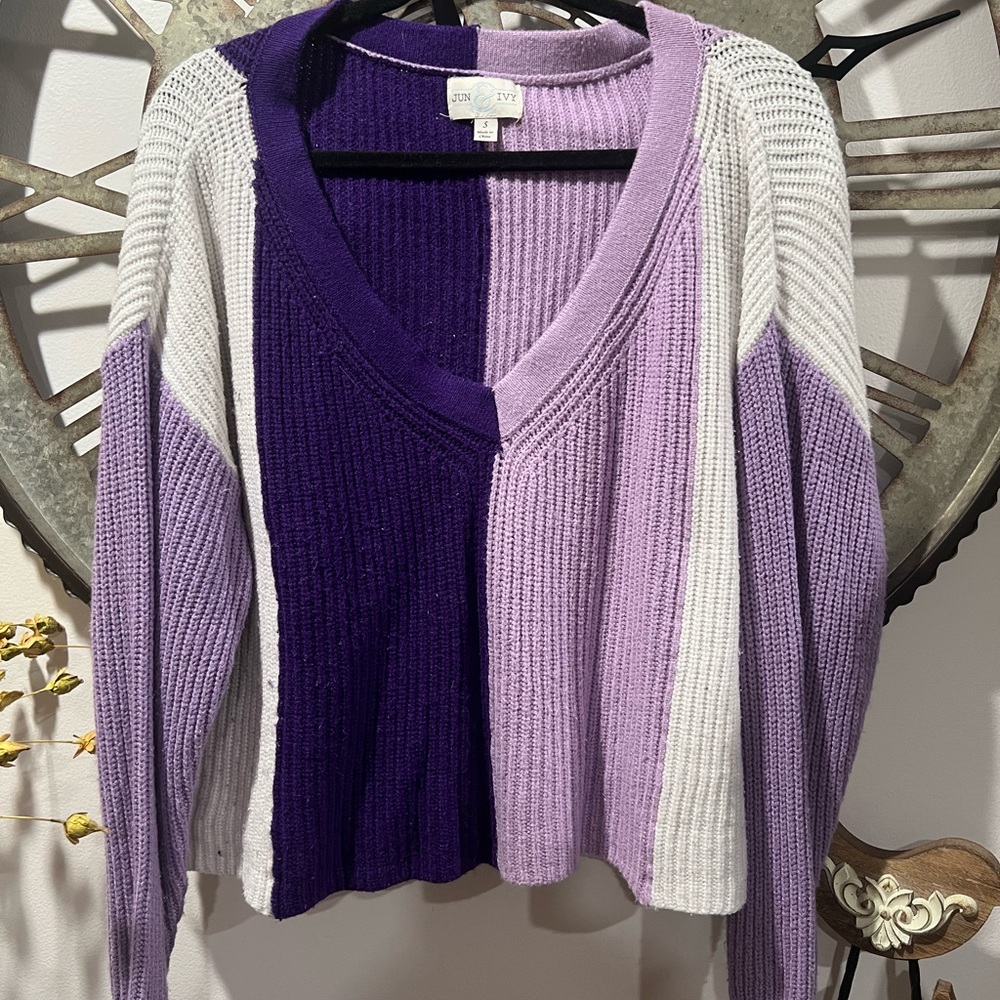 Jun + Ivy Colorblock V-Neck Sweater - Purple and White